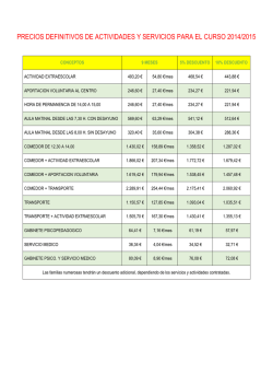 precios definitivos de actividades y servicios para el curso 2014/2015