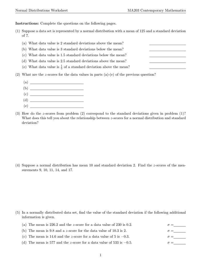 Normal Distribution Worksheet 2 Pages Normal Distributions Worksheet Ma203 Contemporary Mathematics