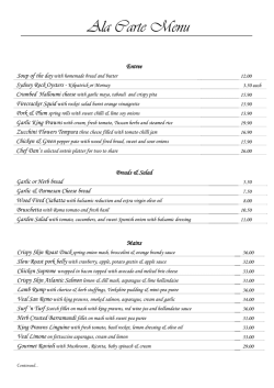 A La Carte Menu