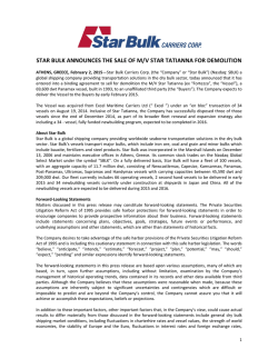 star bulk announces the sale of m/v star tatianna for demolition