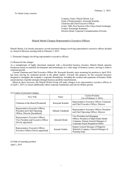 Hitachi Metals Changes Representative Executive Officers (PDF