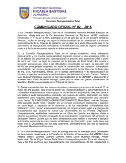 comunicado oficial n° 02 – 2015 - Universidad Nacional Micaela