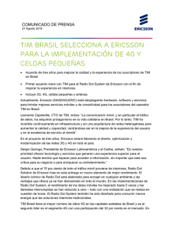 TIM Brasil selecciona a Ericsson para la implementación de 4G y