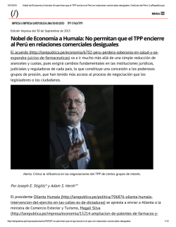 Nobel de Economía a Humala: No permitan que el TPP encierre al