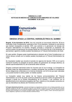 EMGESA APAGA LA CENTRAL HIDROELÉCTRICA EL QUIMBO PDF