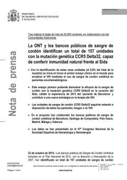 22 octubre 2015 La ONT identifica los cordones CCR5 Delta 32 para