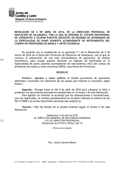Resolución de 6 de abril de 2016, de la Dirección Provincial de