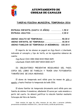 Tarifas Piscina Municipal 2016 - Ayuntamiento de Chozas de Canales