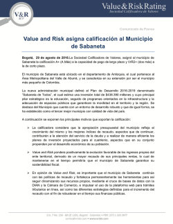Value and Risk asigna calificación al Municipio de Sabaneta