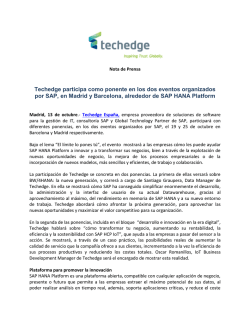 Leer NP >> Techedge participa en SAP S4 Hana Platform