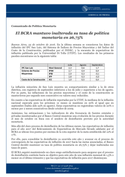 El BCRA mantuvo inalterada su tasa de política monetaria en 26,75%
