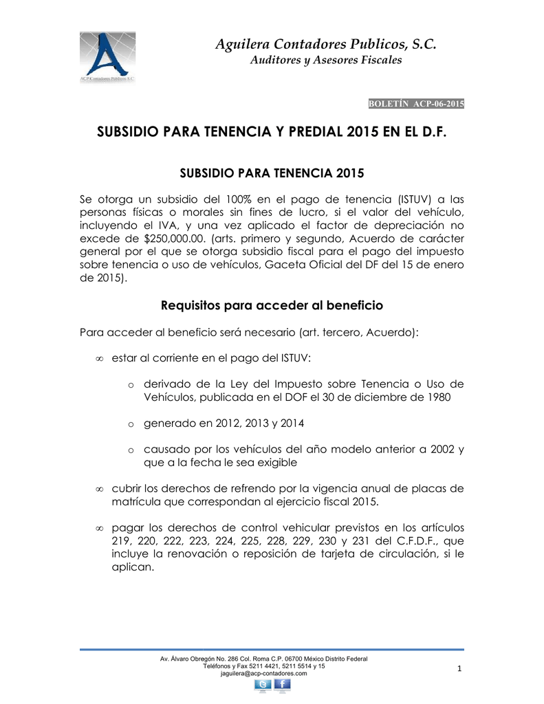 Boletin Acp 06 2015 Subsidio Para Tenencia Y Predial 2015 En El Df