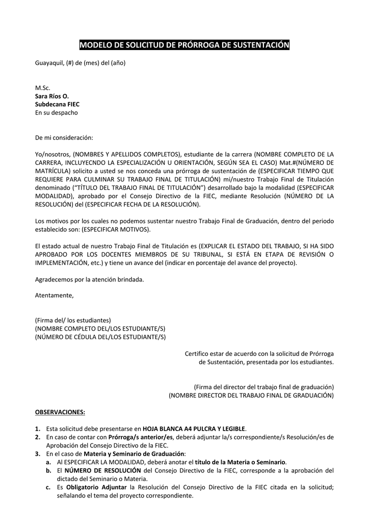 Modelo Para Solicitar Prorroga