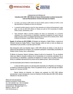 007 - Colombia emite USD 1.500 millones en bonos internacionales