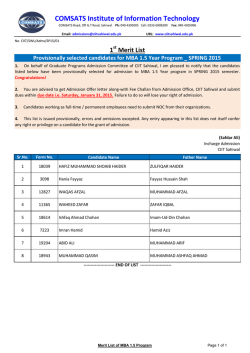 1st Merit List - COMSATS Institute of Information Technology Sahiwal