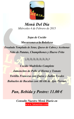 Menú Del Día Pan, Bebida y Postre: 11.00 €