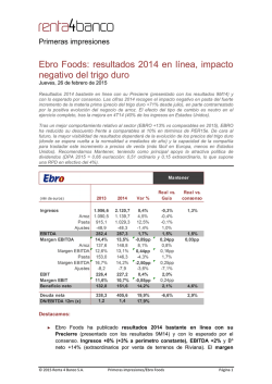 Ebro Foods: resultados 2014 en línea, impacto negativo