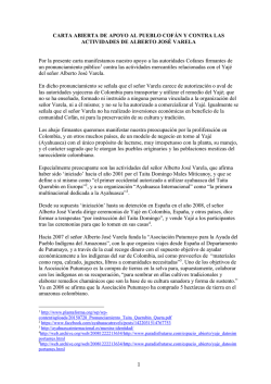 CARTA ABIERTA DE APOYO AL PUEBLO COFÁN