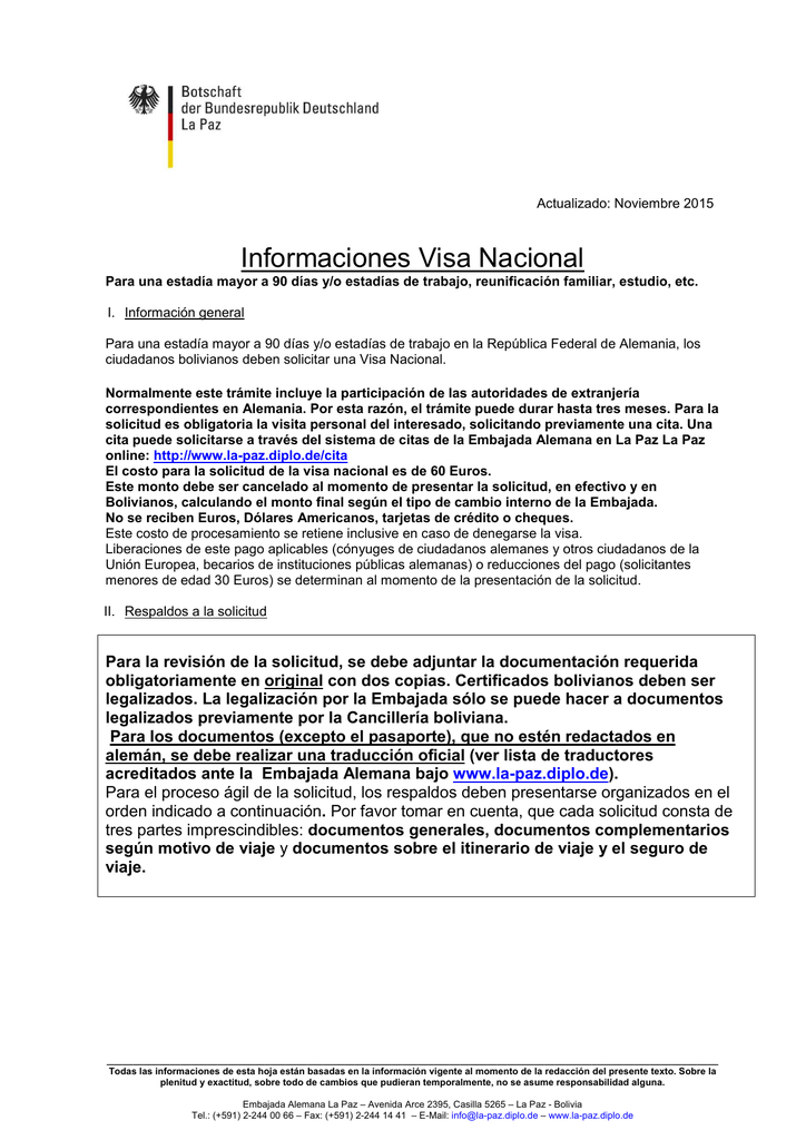 Hoja Informativa Sobre Condiciones Para Visado Nacional