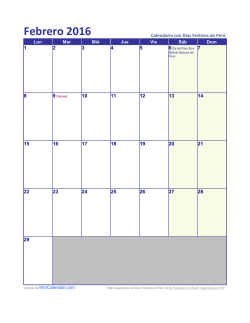 Calendario Febrero 2016 con Días Feriados de Perú
