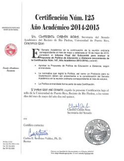 Certificación Núm. 125, Año 2014-2015