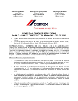 CEMEX DA A CONOCER RESULTADOS PARA EL CUARTO