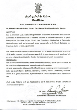 Carta Comendaticia Arquidiócesis de la Habana