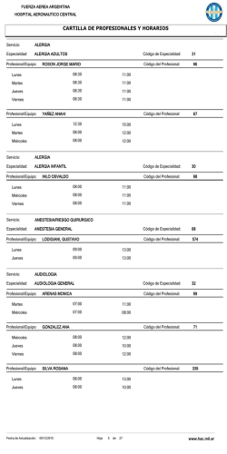 CARTILLA DE PROFESIONALES Y HORARIOS