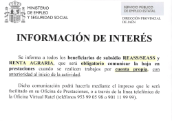 Cartel de interés para los beneficiarios del subsidio REASS/SEASS