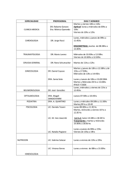 ESPECIALIDAD PROFESIONAL DIAS Y HORARIO CLINICA