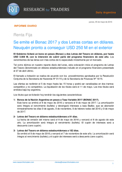 Renta Fija Se emite el Bonac 2017 y dos Letras cortas en d&oacute;lares