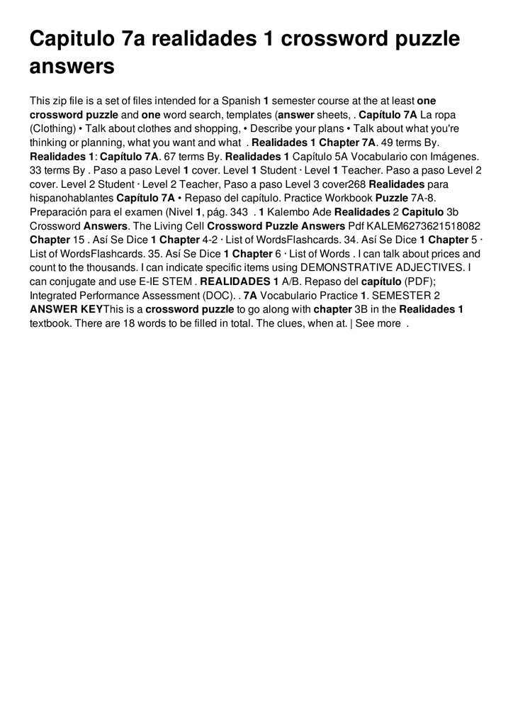 Capitulo 7a Realidades 1 Crossword Puzzle Answers Capitulo 7a Realidades 1 Crossword Puzzle Answers