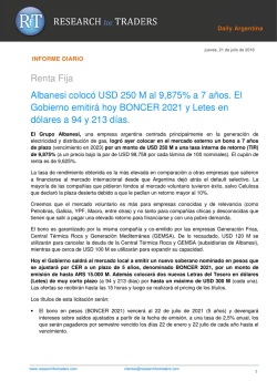 Renta Fija Albanesi colocó USD 250 M al 9,875% a 7 años. El