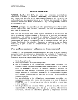 AVISO DE PRIVACIDAD PUROPIE, S.A.P.I. DE C.V., así como sus