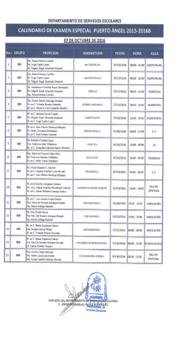 Calendario de exámenes especiales