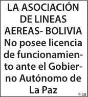 LA ASOCIACIÓN DE LINEAS AEREAS- BOLIVIA No posee licencia
