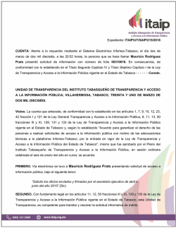 Expediente: ITAIP/UT/SAIP/215/2016 CUENTA: Atento a lo